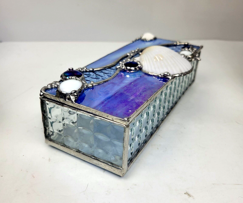 Stained Glass Jewelry Box Seashells Faux Gems Iridescent Textured Blue 7.5" - Picture 6 of 18