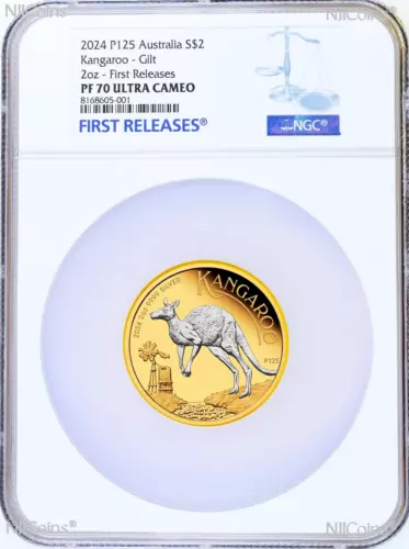 2024 Australia GILT Proof 2oz .9999 Silver Kangaroo $2 Coin NGC PF70 FR Blue LB