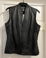 90s Vintage Mixit Black Leather Zip Front Collarless Vest Lined Womens Size 4