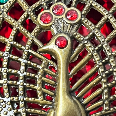 Vintage Dome-Shaped PEACOCK Compact Handheld Double Mirrors Brass