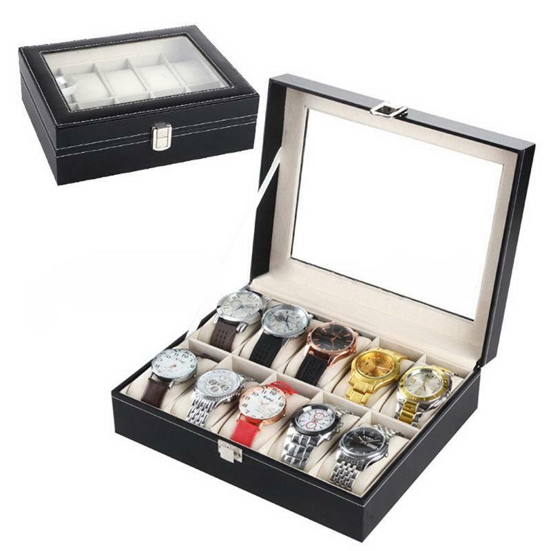10Slot Watch Box PU Leather Case Organizer Glass Storage Presents Gift ...
