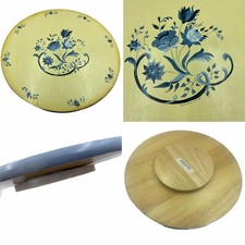 Vintage Hand Painted Floral Bamboo Lazy Susan Turntable Large Wooden Display