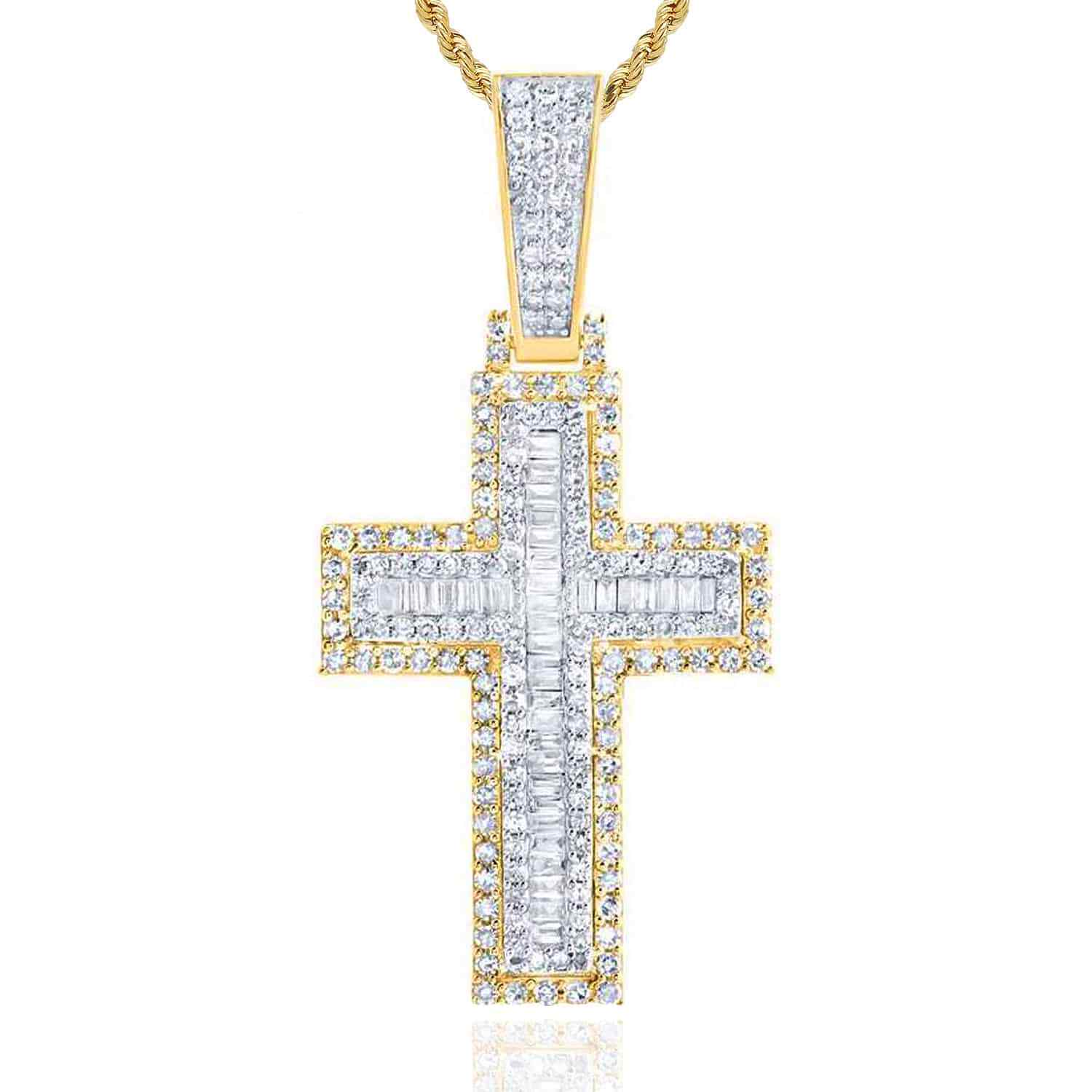 Real Diamond Round Baguette 10K Yellow Gold Cross Pendant 1.2"- 1.8"
