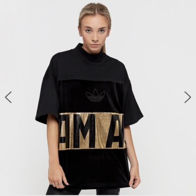 Adidas Womens Size S Velvet Foil Sweat T Shirt Mock Neck Cotton Blend Gold Black eBay