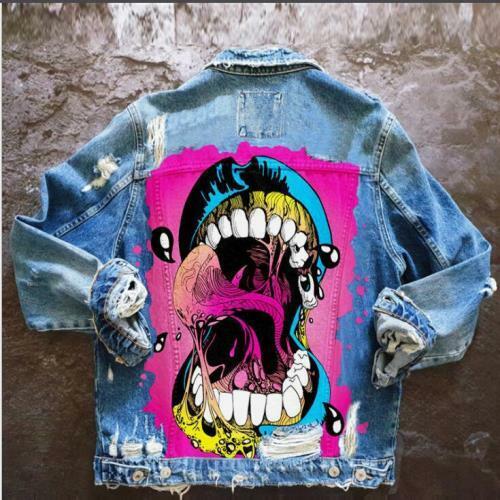 Women's Fashion Graffiti Printed Ripped Gothic Denim Jacket Women's Fashion Graffiti Printed Ripped Gothic Denim Jacket