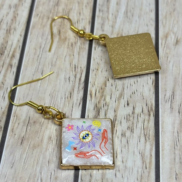 Alternate view of Evil Eye Sun Mudra Hook Dangle Earrings Gold Plated Womens Symbol Jewellery New