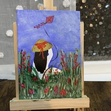 Original Acrylic Painting Girl Flying Kite Cottagecore 5”x7” Signed Mini Art