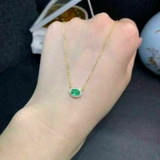 2Ct Oval Cut Green Emerald Diamond Halo Pendent 14K Yellow Gold Over Free Chain