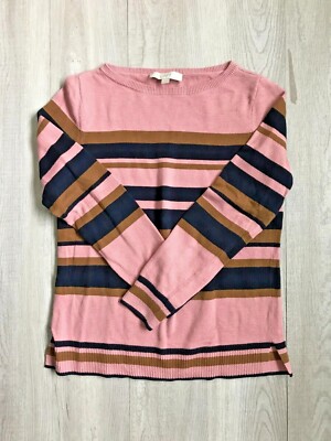 Loft Womens Medium Lightweight Sweater Long Sleeve Pink Navy Blue Brown  Striped | eBay