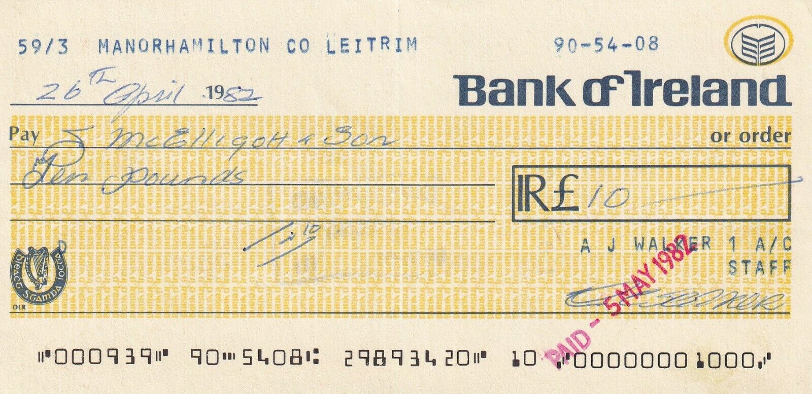 Bank of Ireland Cheque 1982 eBay