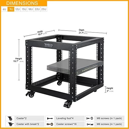 9u Open Frame Server Rack With Casters Heavy Duty 4 Post Quick Assembly 19inch  - Image 3 of 4