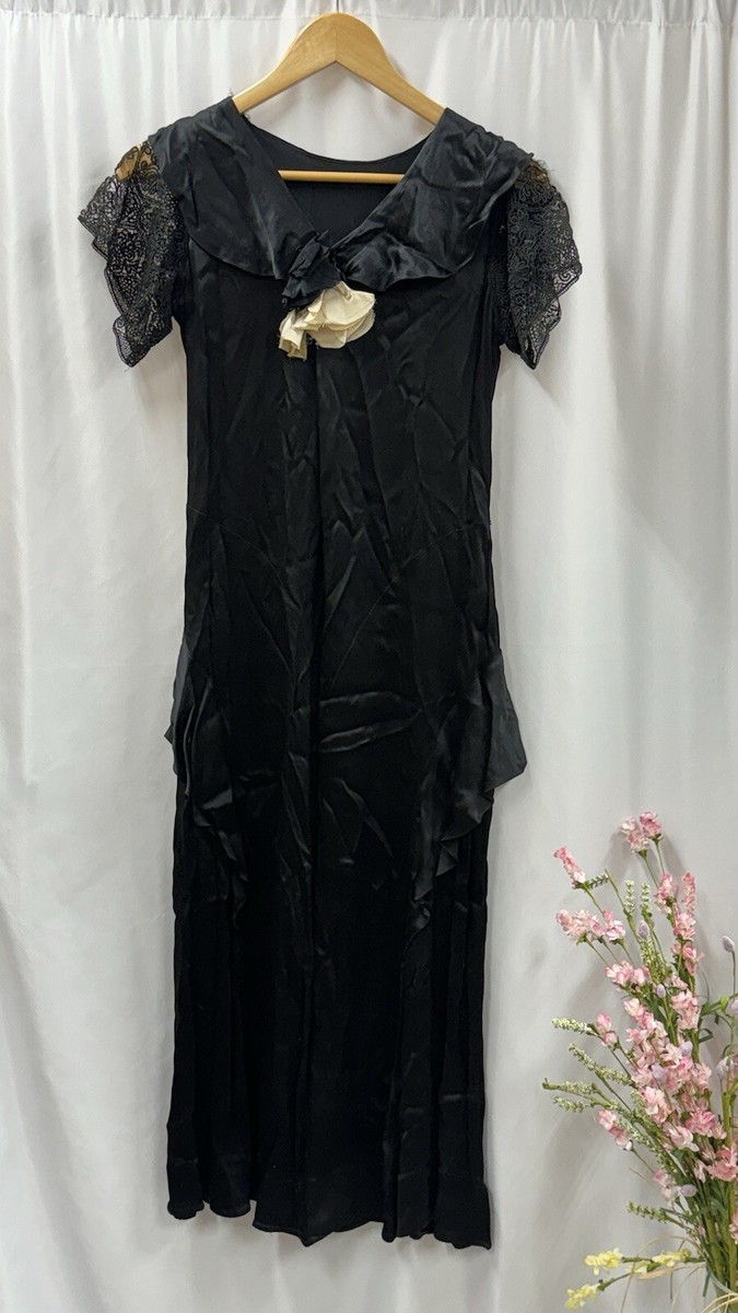 knee length dresses for ladies Vintage 1920s Black Sheer Chiffon & Lace Flapper Dress