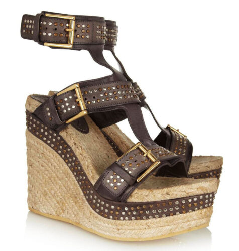 NEW Alexander McQueen Brown Leather Studded Platform Espadrille Wedge 39 - 9 - Picture 1 of 4