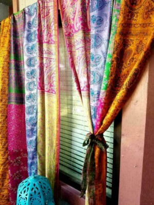 2 Pcs Indian Sari Patchwork Curtain Drape Window Decor Multi Silk Sari Curtain