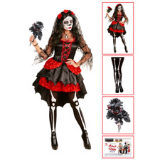 COSTUME CON ACCESSORI SPOSA DIA DE LOS MUERTOS CALZE TRUCCO BOUQUET HALLOWEEN XS