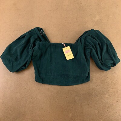 Entro Women's Size Medium Dark Green Corduroy Short Puff Sleeve Crop Top NWT
