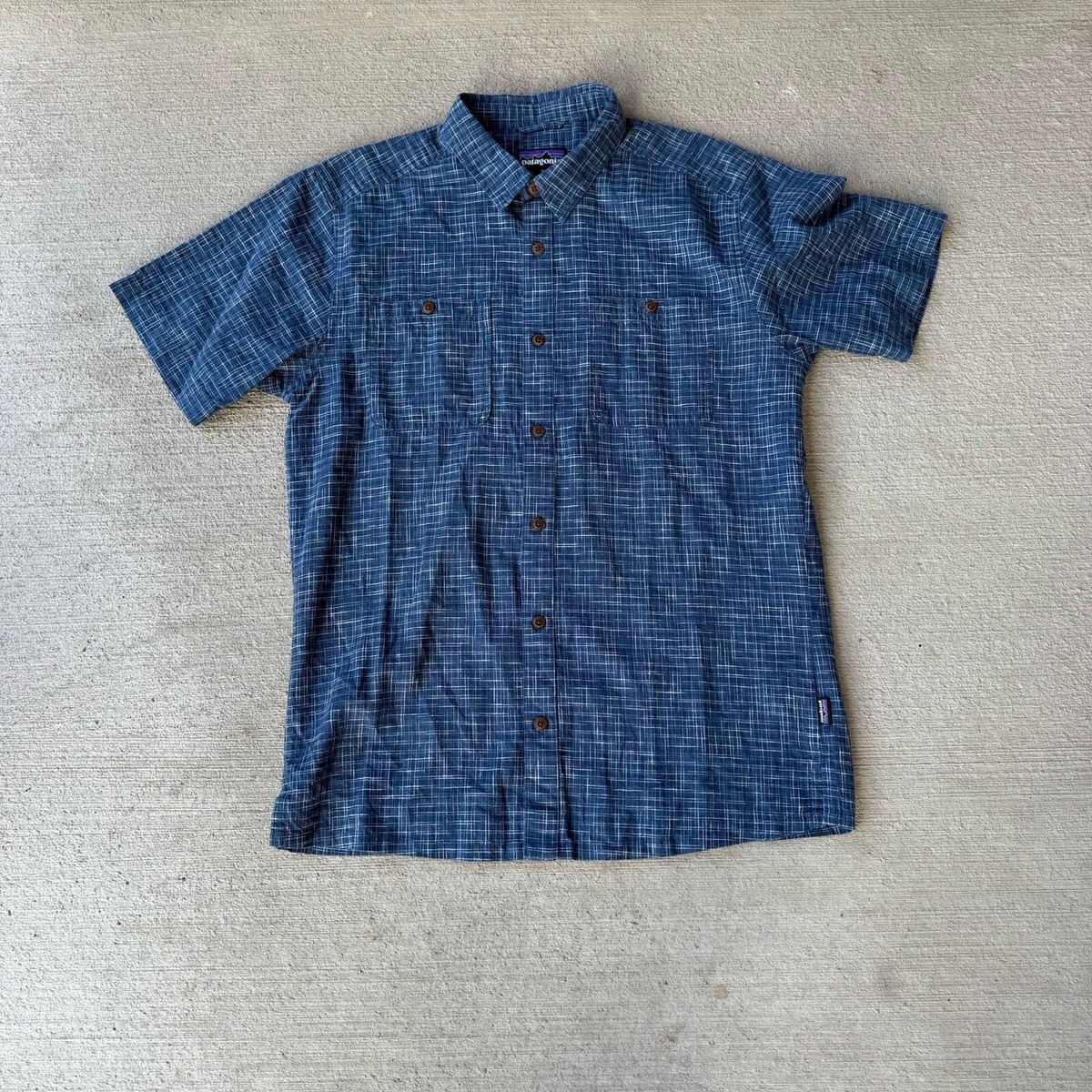 patagonia men’s back step short sleeve blue shirt size M