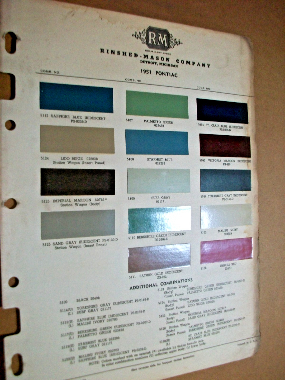 1951 Pontiac RM Rinshed Mason car auto paint chips sheet