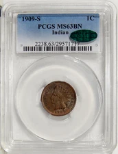 1909-S 1c PCGS MS 63 BN CAC ~ BETTER DATE INDIAN CENT