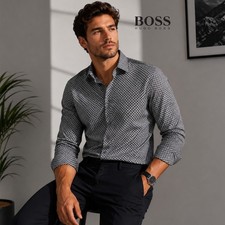 BOSS Hugo Boss Men's Gray Geometric Pattern Shirt L Regular Fit Cotton Lyocell