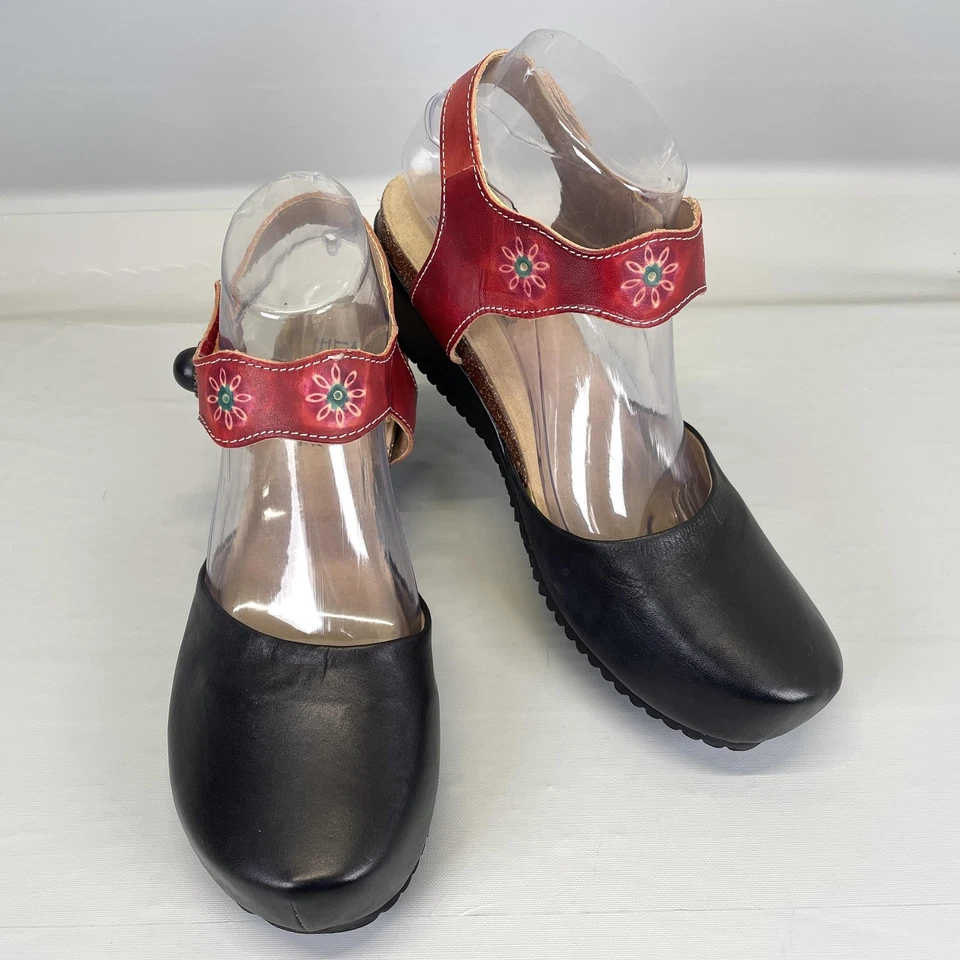 L'Artiste Spring Step Glovely Wedge Sandals Womens Size 40 Black Leather Shoes - Image 2 of 4