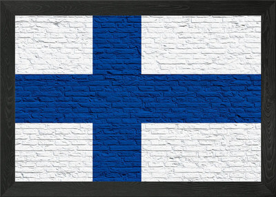 Finnische Flagge auf Backsteinmauer - Finlan gerahmtes Wandbild Poster Leinwanddruck Bild