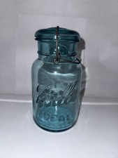 Vintage Ball Ideal Blue Glass Lid Wire Top 1 Quart Mason Jar #7 1923-1933