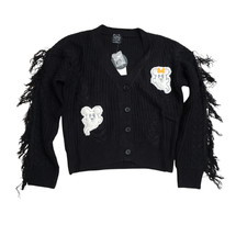 Mickey Minnie Mouse Fluffy Ghost Fringe Cardigan Black Size L NWT Halloween