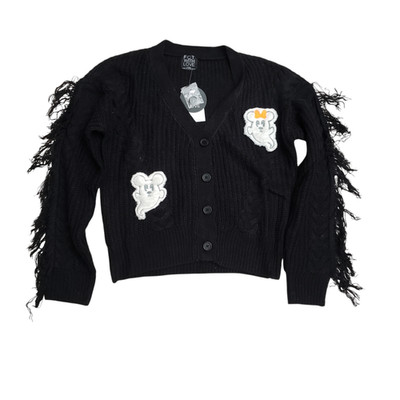 Mickey Minnie Mouse Fluffy Ghost Fringe Cardigan Black Size L NWT Halloween