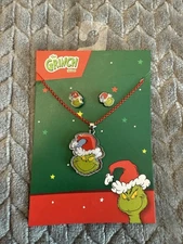 Dr. Seuss "The Grinch" in Santa Hat -Necklace & Earrings Set Christmas Holiday