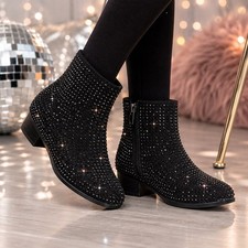 Art Class Girls Rhinestone Ankle Boots Size 5 Black Side Zip Sparkle EUC