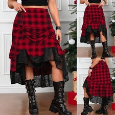 Plus Size Women Christmas Gothic Lace Maxi Skirt Asymmetrical Dress Plaid Check