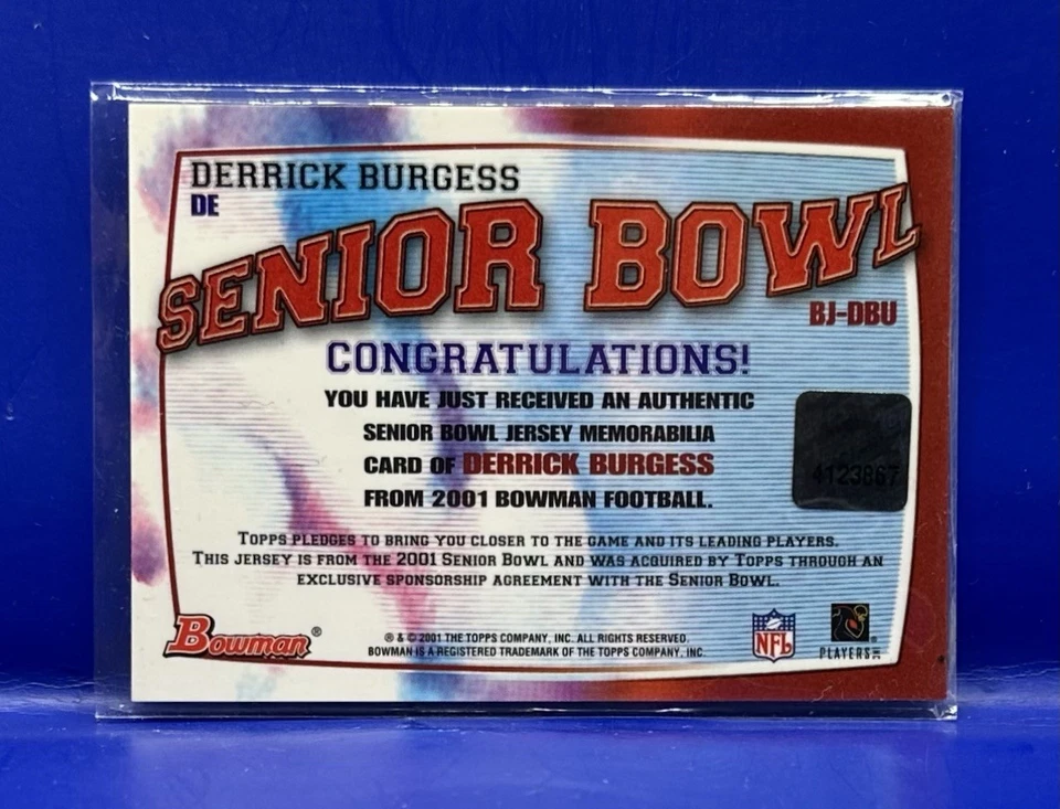 2001 Bowman Rookie Game Worn Bowl Jersey Derrick Burgess Ole Miss Rebels #BJ-DBU - Image 2 of 2