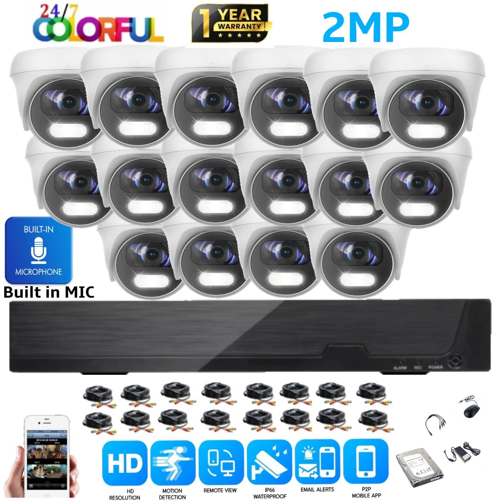 2MP FULL COLOUR CCTV CAMERA SYSTEM 4CH 8CH 16CH COLORVU AUDIO MIC OUTDOOR KIT - Picture 2 of 46