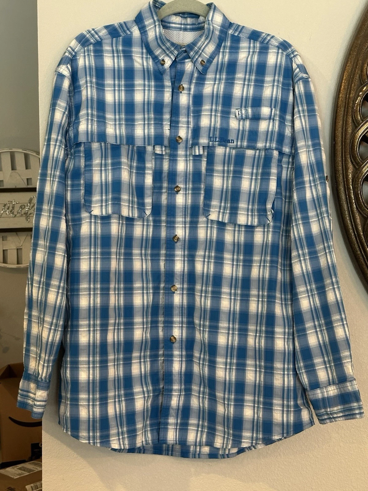 L.L Bean Long Sleeve Button Up Collared Hiking/Fishing Plaid Shirt Men's Size M