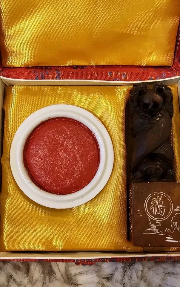 Juego de estampillas talladas en jade chino vintage doble dragón con taza de tinta roja Daniel Foto 4 de 4