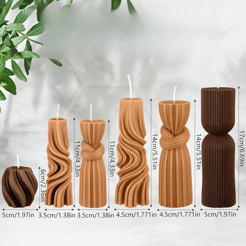 6 Pillar Candle Set Soy Wax Scented Ribbed Decorative Home (Brown,2.36-6.89 in.) - Picture 3 of 6