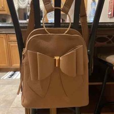 Crossi Brown Bow Backpack Adjustable Straps Double Zip Around Gold Hardware Nwt