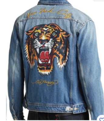 Ed Hardy Jacket Mens S Blue Tiger New York City Trucker Denim Jean Button  $198