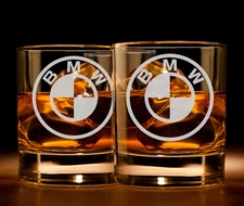 Etched BMW Rocks Drinking Glass Whiskey Set Of 2