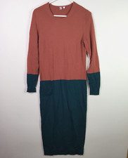 Uniqlo Wool Knit Long Sleeve Straight Dress Womens 8 Green Brown Colourblock