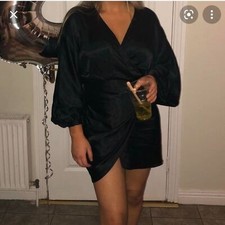 NWT ZARA Satin Effect Wrap Mini Black Dress