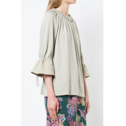 TIBI Astor Rib Cuff Knit Shirred Top Beige Size S