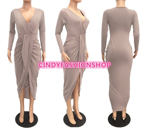 Sexy Langarm-Midikleid V-Ausschnitt unregelmäßig figurbetont Clubwear Party #S30 für Damen - Bild 10 von 14