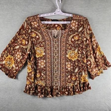 Cynthia Rowley Womens Top L Brown Peasant Boho Bohemian Rayon Floral Earthtone