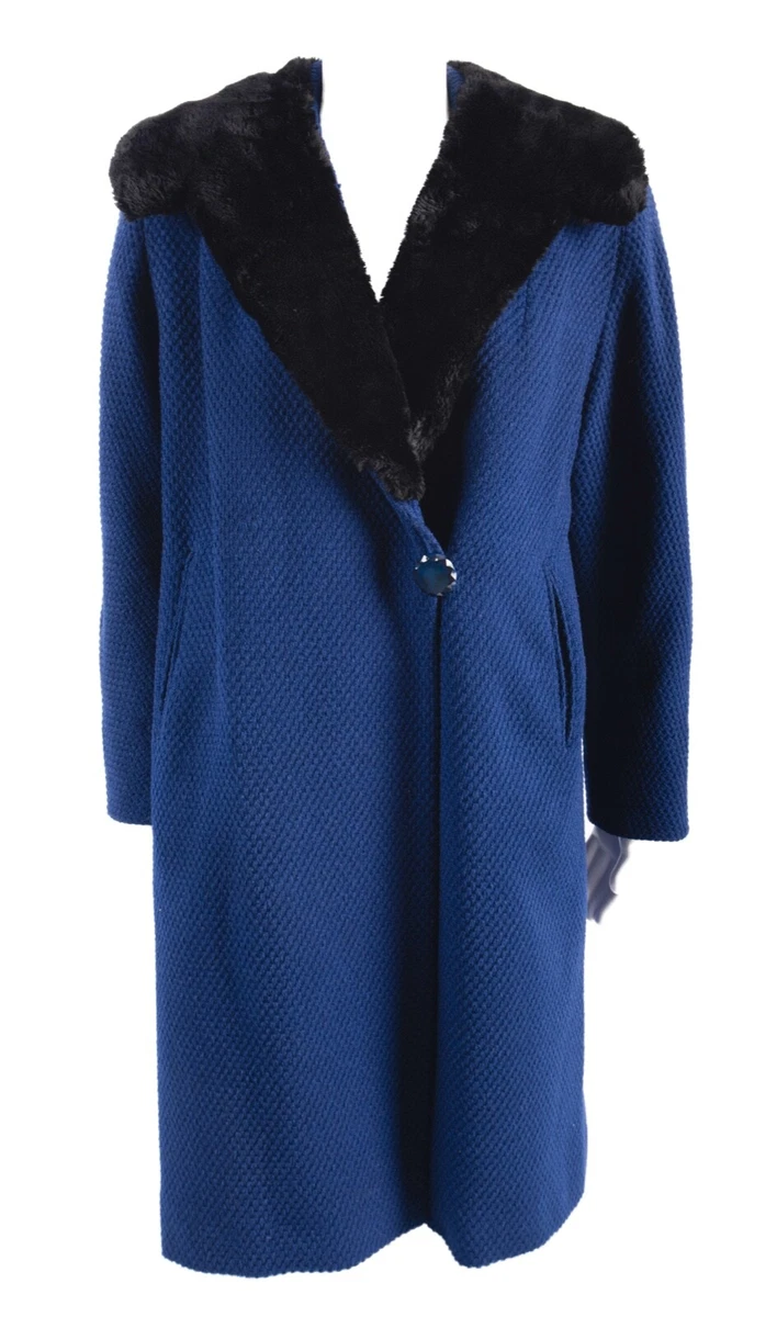 Vintage 50s 60s Womens Textured Blue Coat Fur Collar 1 Button M-L Harry L  Sare