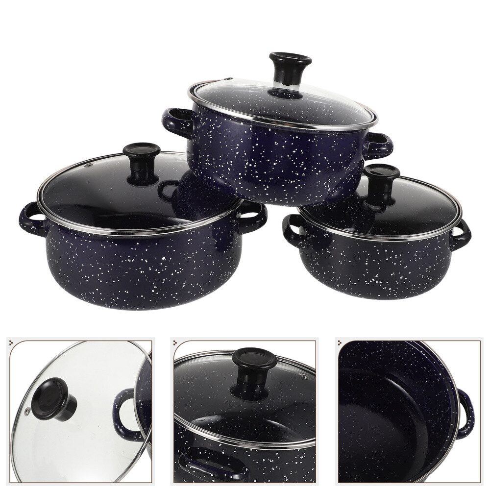 Mini olla sopera juego de tres piezas esmalte de viaje con tapa utensilios de cocina para cocina