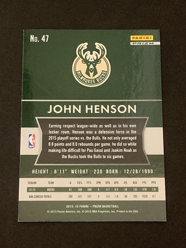 JOHN HENSON 2015-16 Panini Prizm Red White Blue 47 Milwaukee Bucks - Picture 2 of 2