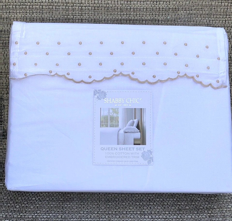 Shabby Chic White Cotton Enbroidered Scallop Dot Natural QUEEN Sheet Set 4pc - Image 3 of 4