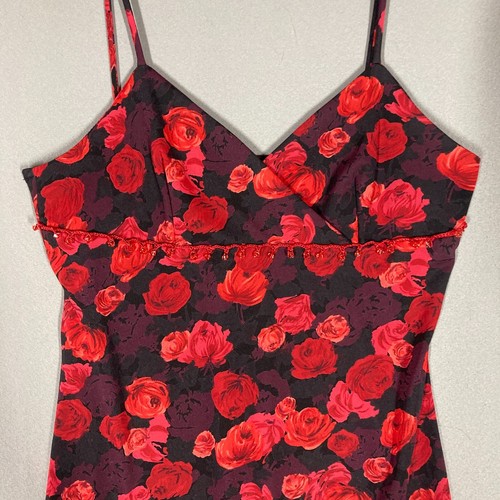 Vintage 90s Y2K Midi Dress Red Floral Spaghetti Straps Size L Side Slit Beaded - Picture 2 of 10
